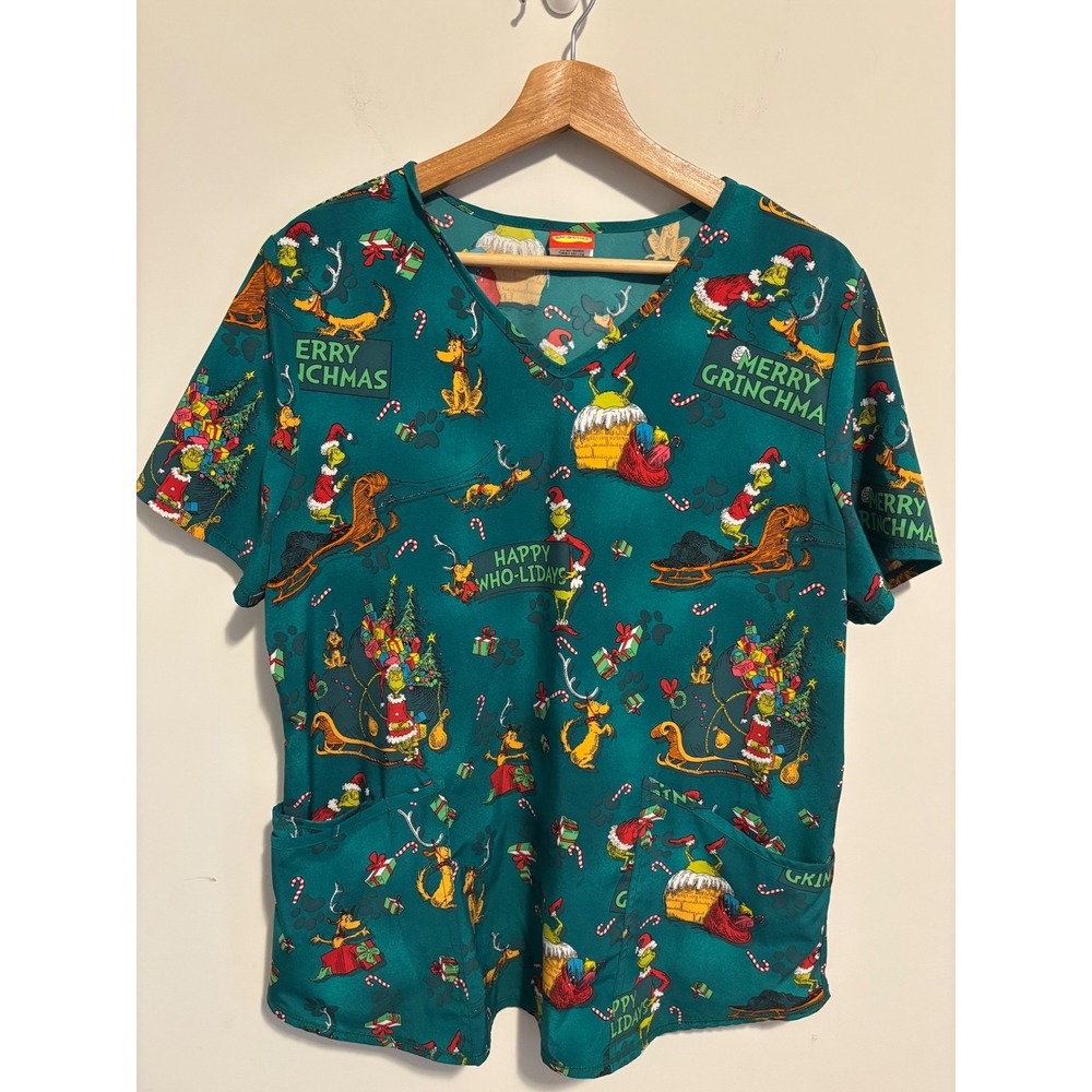 Dr Seuss Grinch Merry Grinchmas Scrub Top Teal Green Holiday V-Neck Large